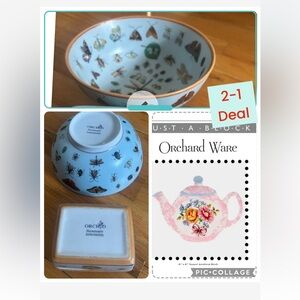 2-1 Orchard ware Hand-Painted Stoneware Bowl & case /jewelry box - Blue